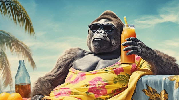 Foto un gorilla rilassato si prende una pausa dal trambusto della giungla indossando un paio di eleganti occhiali da sole, questo bagnante si adagia su un vivace telo da mare in una mano una colorata bevanda tropicale