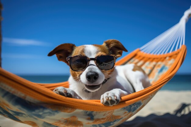 Laidback jack russell unwinding on vacation on the beach generative ai