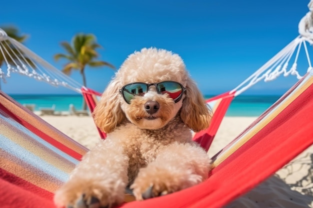 Фото laidback poodle расслабляется на отдыхе на пляже генеративный искусственный интеллект