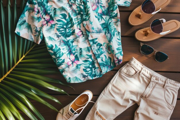 Laidback surfer style outfit with tropical prints