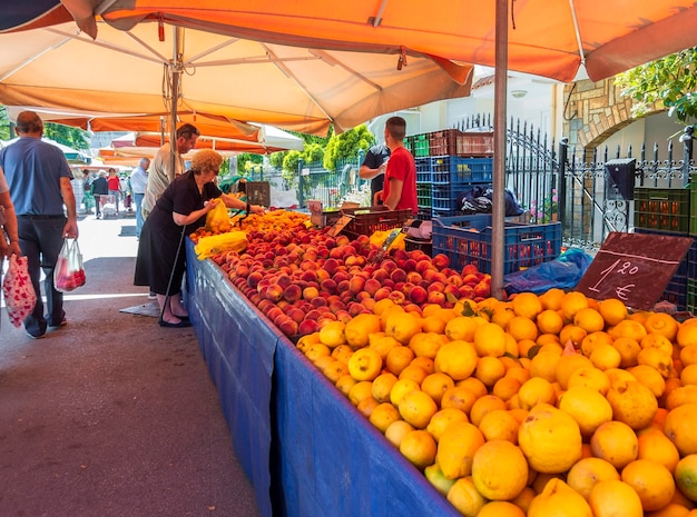 Laiki Agora Local Greek Farmers Market with fruits and vegetables in Greece