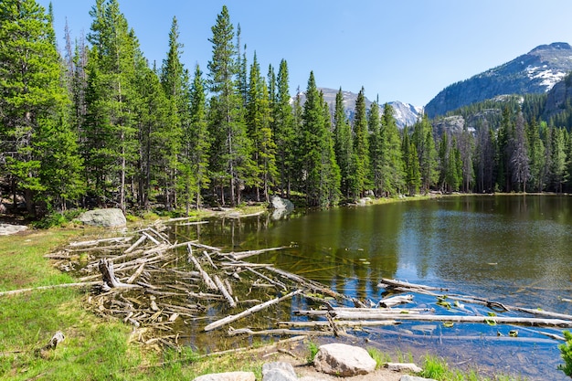 Lake against rocky mountains at Estes Park