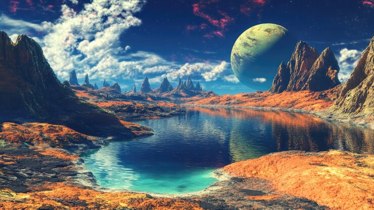 Photo a lake on an alien planet with unusual colors and terrain photo