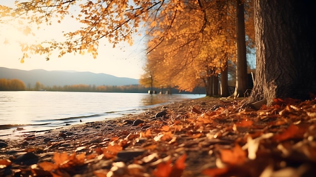 Lake and autumn trees in the evening