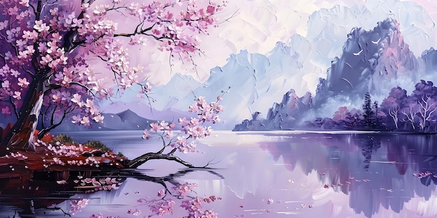 lake in the background pink flowers and a lake in the background pink flowers and a lake painting of