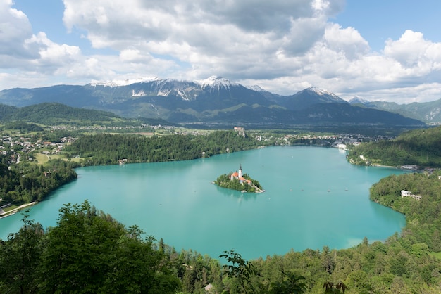 Lake Bled, island and mountains, Slovenia, Europe