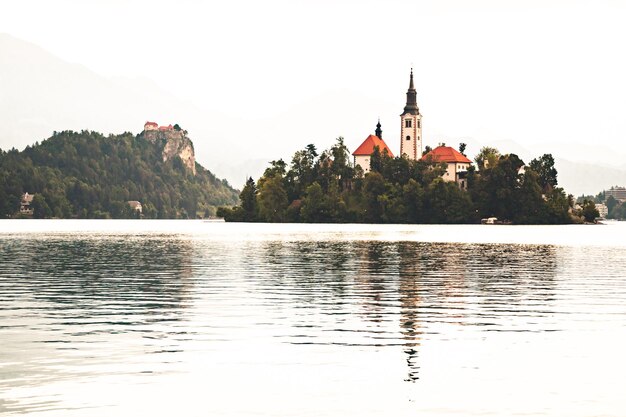 Lake Bled Slovenia Beautiful mountain lake with small Pilgrimage Church Most famous Slovenian lake and island Bled with Pilgrimage Church