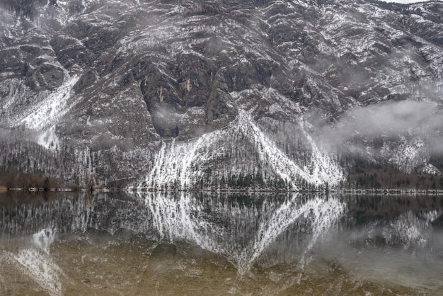 Lake Bohinj with mountains in background