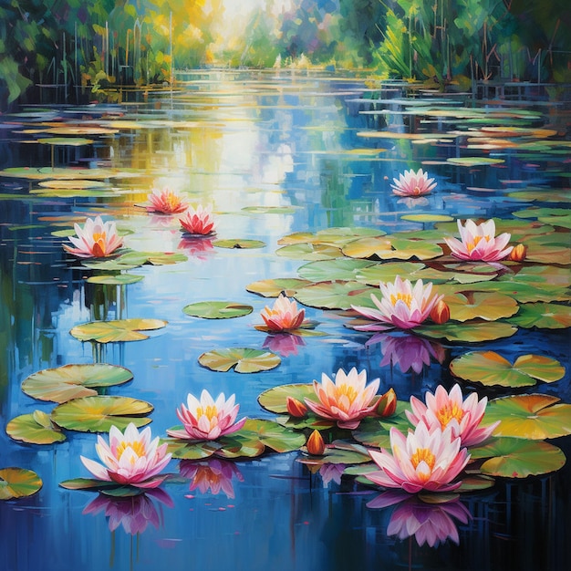 A lake brimming with water lilies