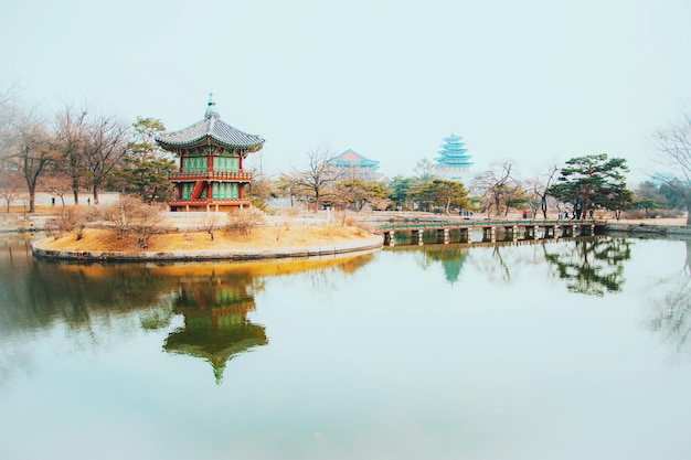 明るい空に照らされた宮殿の近くの湖