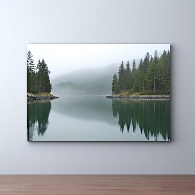 Lake canvas print with misty atmosphere in dark green and light aquamarine