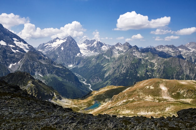 Lake Caucasus mountains in summer, the melting of glacier ridge Arkhyz Sofia lake