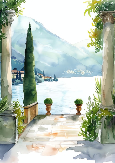 Lake Como Italië landschap aquarel bruiloft uitnodiging sjabloon