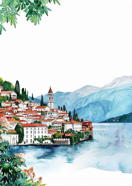 Foto lake como italië landschap aquarel bruiloft uitnodiging sjabloon