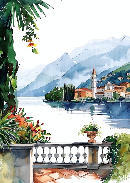 Photo lake como italy landscape watercolor wedding invitation template