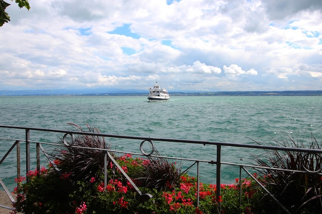 Lake Constance landscape with boat, Meersburg, Baden-Wuerttemberg, Germany.