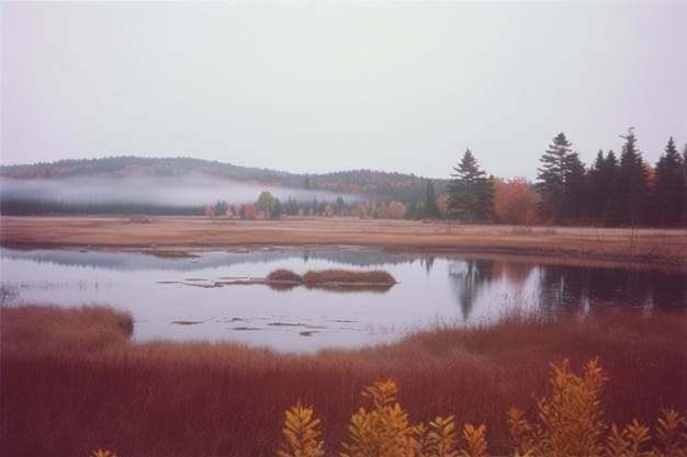 A lake in a field with a foggy background.