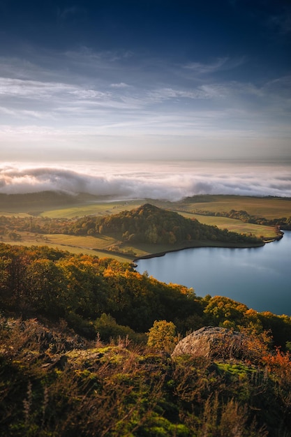 Lake and forest landscape background