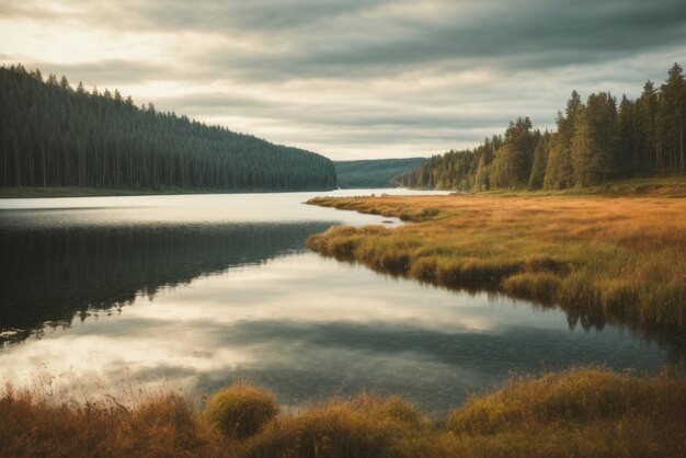 Lake in the forest at sunrise Dramatic and picturesque scene