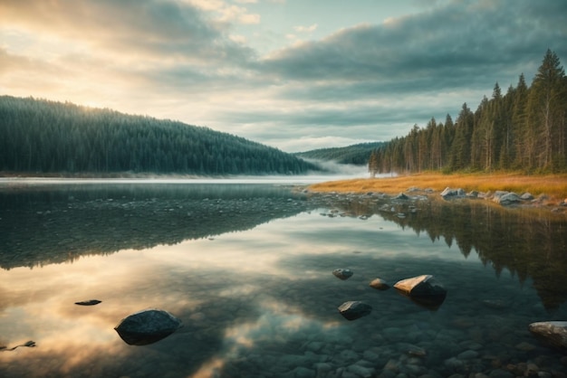 Lake in the forest at sunrise Dramatic and picturesque scene