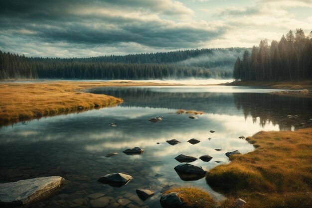 Lake in the forest at sunrise Dramatic and picturesque scene