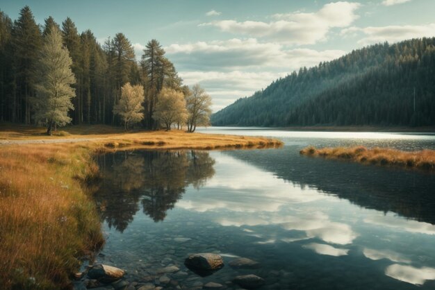 Lake in the forest at sunrise Dramatic and picturesque scene