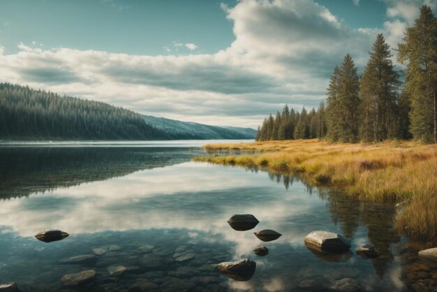 Photo lake in the forest at sunrise dramatic and picturesque scene