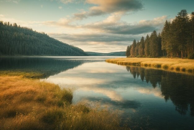 Lake in the forest at sunrise Dramatic and picturesque scene