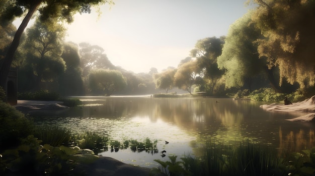 A lake in the forest with a bridge in the background