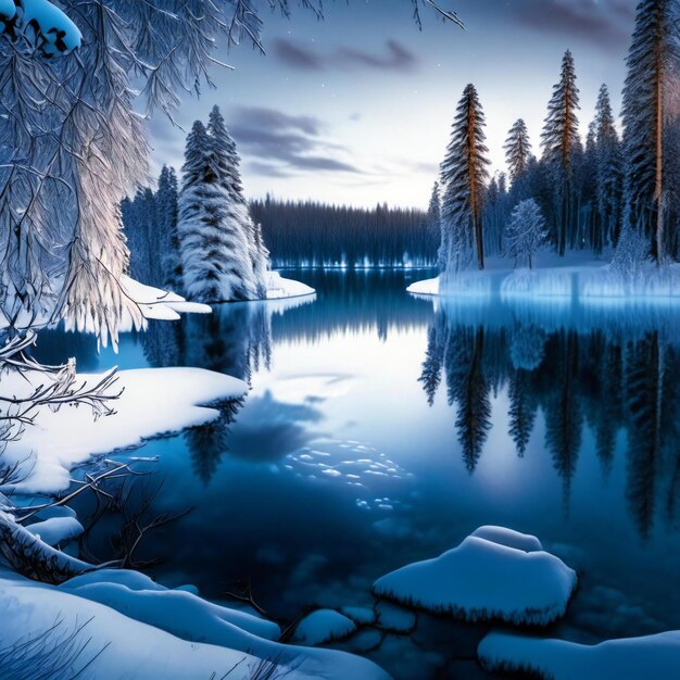 Озеро в лесу со снегом и горами на заднем плане Генеративный ИИ