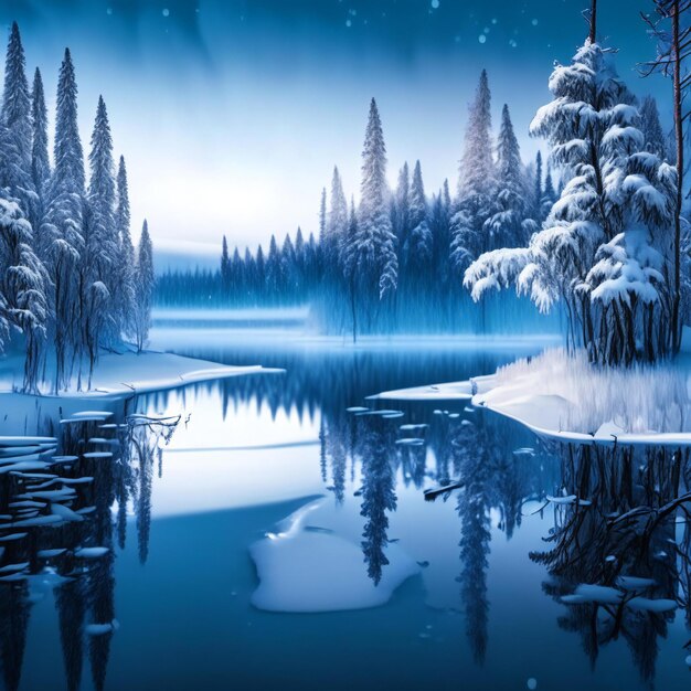 Lake in the forest with snow and mountains in the background generative ai