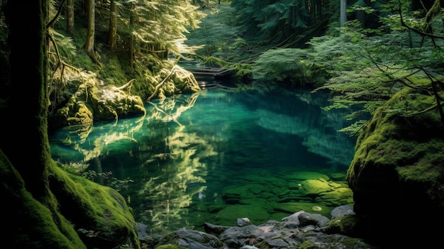 A lake in the forest with the word " blue " on the bottom.