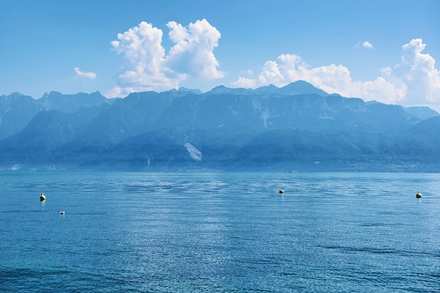 Lake Geneva and the Alps mountains in Lausanne, Switzerland.