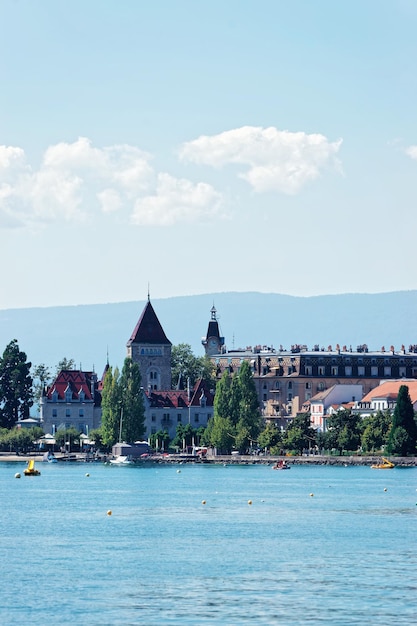 Lake Geneva embankment and Chateau Ouchy in Lausanne, Switzerland.