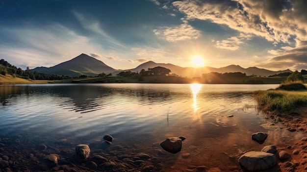 背景に山がある黄金の時間の湖