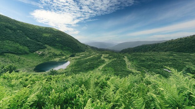 녹색 산 계곡의 호수 흰 구름이 있는 푸른 하늘 Rewilding 및 레크리에이션 개념