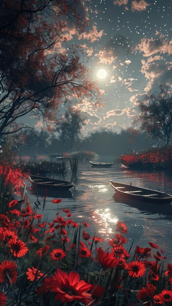 Photo a lake under a high mountain a round moon