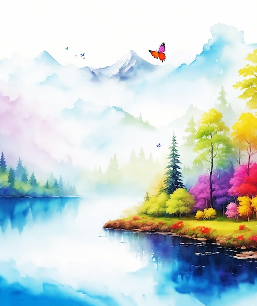 Foto lago collina foresta cottage uccelli farfalla arcobaleno nuvola soffice pittura su carta immagine acquerello hd