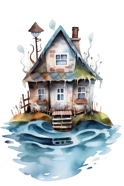 Lake House watercolor clipart cute isolated on white background with Generative AI