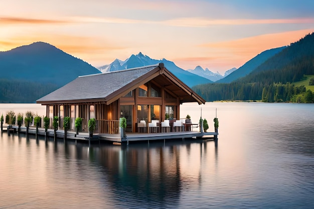 A lake house with a mountain backdrop