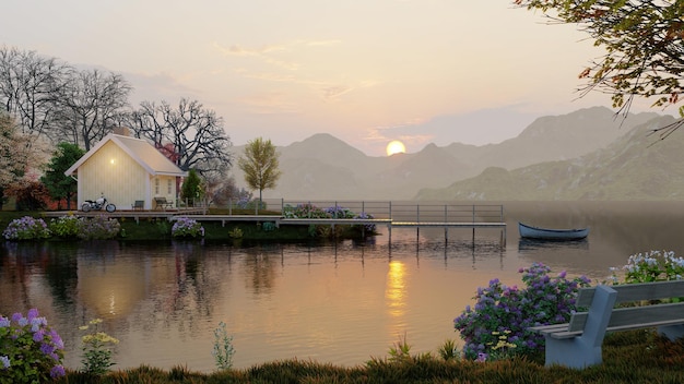 夕日の森と山々の景色を望む湖の家3Dレンダリング風景と山の湖