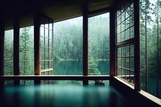 A lake is in the background with a view of a lake and a forest.