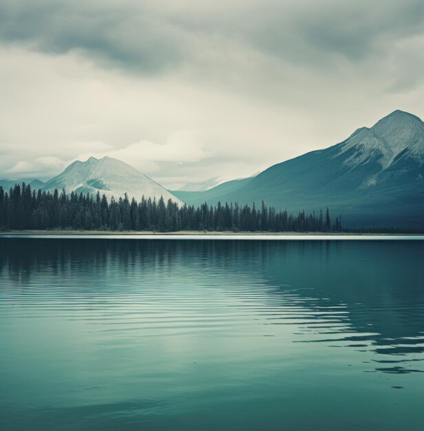 Photo the lake is calm with mountains in the background