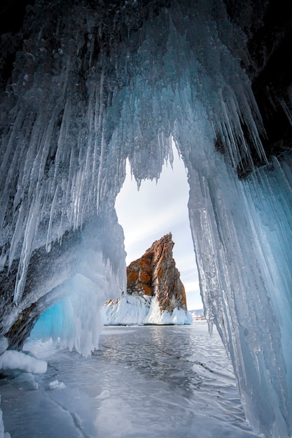 Lake is covered with a thick layer of ice. Baikal