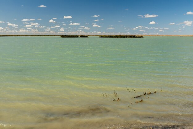 Foto lago in kazakistan. piccolo lago sconosciuto nella steppa del kazakistan.