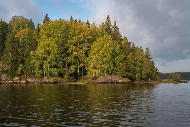 라도가 호수 (Ladoga Lake) - 은 가을 날 루미바라 (Lumivaara) 마을 근처에 있는 라도가 (Ladoга) 호수, 카리아 (Karelia) 공화국 (러시아)