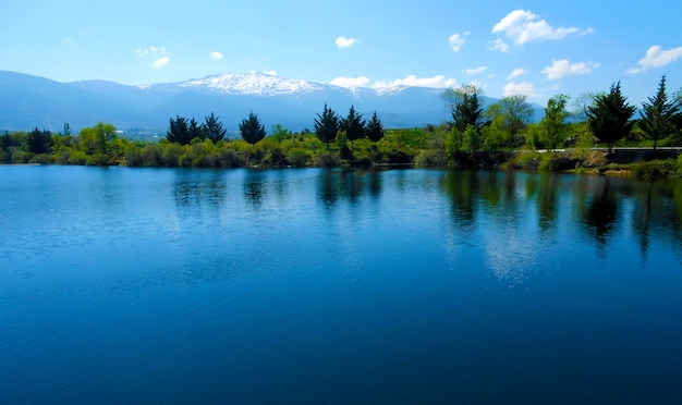 lake landscape background with snowy mountains and green trees