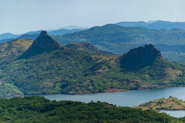 Lake landscape of a hydroelectric plant between hills and mountains