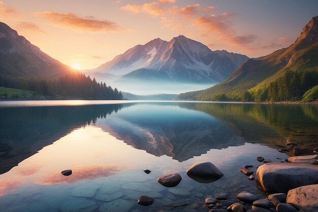 lake maountain sunrise Peaceful landscapes