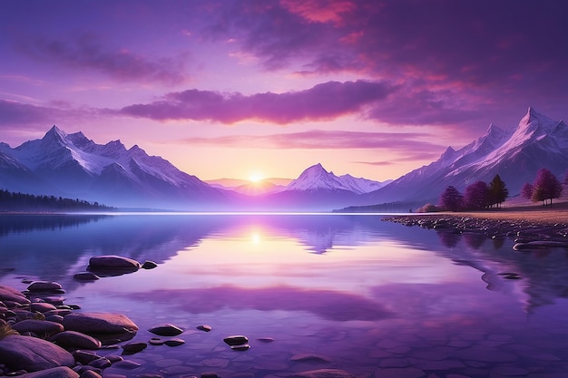 lake maountain sunrise Peaceful landscapes